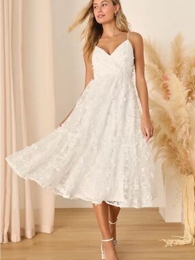 Lulu's Springtime Soiree White Sequin 3D Floral Applique Midi Dress